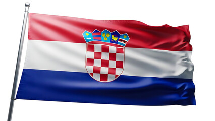The flag of Croatia waving proudly in the wind. The Croatian flag features the coat of arms