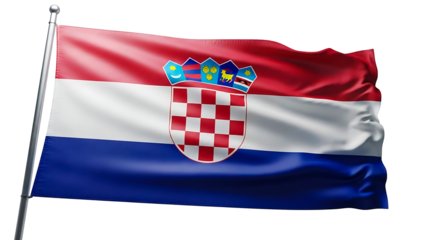 The flag of Croatia waving proudly in the wind. The Croatian flag features the coat of arms