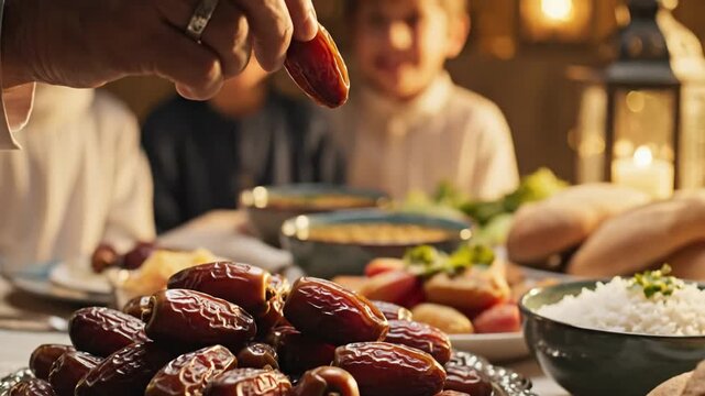 A hand breaking the fast with a date, surrounded by a festive meal of rice, fruits, and bread on a table with a family in the background, warm lighting conveying a joyful and intimate mood.