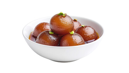 Bowl filled with brown spherical sweets or desserts, possibly gulab jamun, in a white dish object on white and png