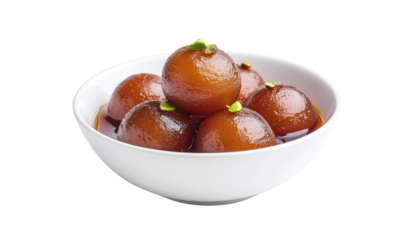 Bowl filled with brown spherical sweets or desserts, possibly gulab jamun, in a white dish object on white and png