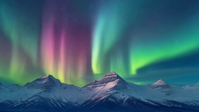 Snowy mountain peaks under vivid green, pink and purple northern lights dancing across the night sky