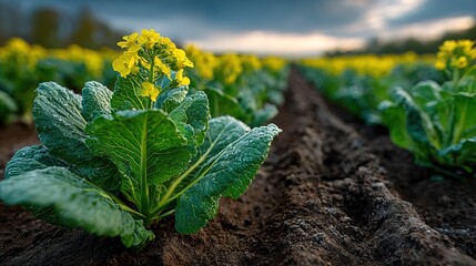 Beautiful Close-Up Farm Field with Yellow Rapeseed Flowers and Green Leaves
