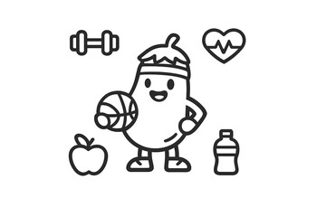 Cute eggplant character with fitness icons