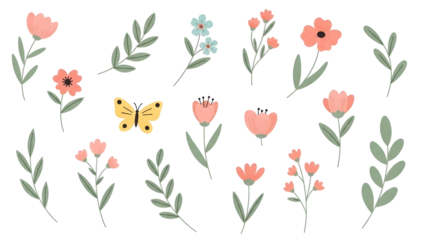 Peach and Coral Floral Collection with Yellow Butterfly and Green Leaves, transparent background, PNG image for Wedding Decor and Summer Stationery.