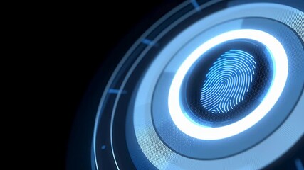 Futuristic fingerprint scan glowing blue on dark background, futuristic identification process, technology in action, close-up view of digital security, identity verification system, 13 - Powered by Adobe