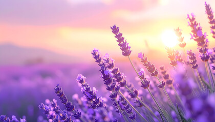 Lavender Field at Sunset: A captivating panorama of a lavender field in full bloom, kissed by the warm embrace of the setting sun, offering a serene and aromatic escape.