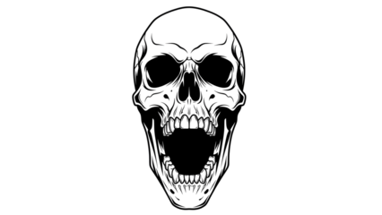 Screaming Human Skull Illustration in Black and White Ink Style, transparent background, PNG image for Halloween and Gothic Graphic Design.
