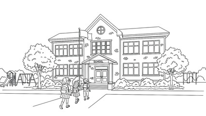 Obraz premium Children Walking to School in Front of a Classic Brick School Building with Playground