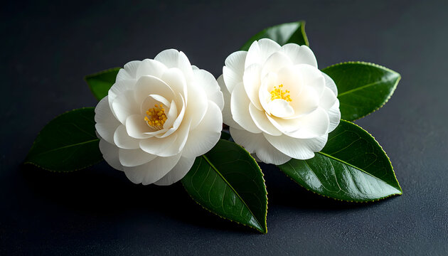 Delicate Beauty: Two pristine white camellias blossom gracefully, their soft petals contrasting beautifully against the dark backdrop. This close-up captures the elegance of these flowers. - Powered by Adobe