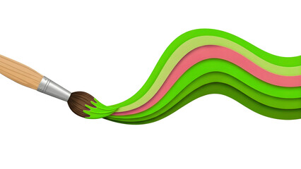 Paint Brush Creating Wavy Green and Pink Abstract Strokes, Transparent Background, PNG Image for Art and Graphic Design Projects.