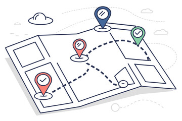 Illustrated map navigation concept with location pins route path and check marks for travel delivery planning