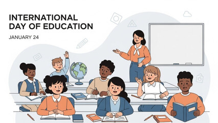 Diverse students and teacher in classroom on international day of education january 24