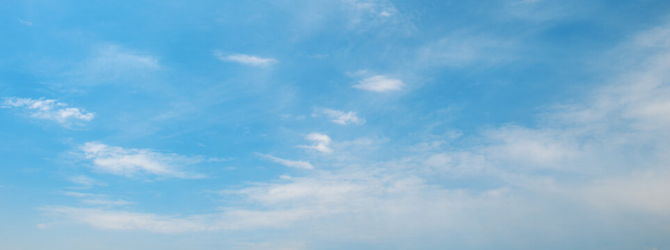 Sky panorama with fluffy and thin clouds creating dynamic texture and contrast across open aerial view