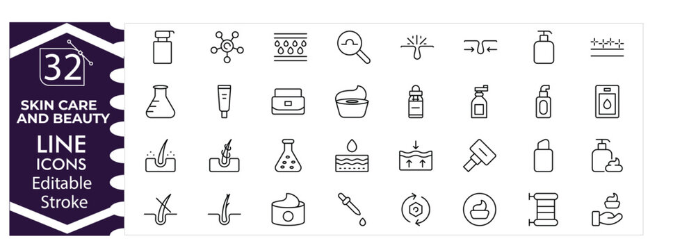 Skin care and beauty icons set, cosmetics, makeup, skincare routine, wellness, spa, hygiene, personal care, health, lifestyle, professional design editable stroke vector Illustration