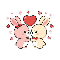 Cute Bunny Couple Illustration With Hearts Romantic Cartoon Love Concept For Valentine Designs
