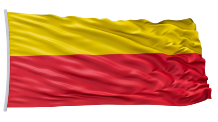 A flag waving in the breeze with a yellow and red color scheme. The flag is displayed with a white flagpole