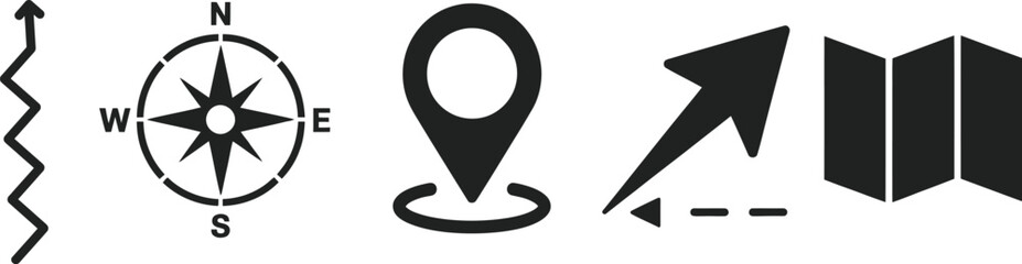 A collection of navigational symbols including a compass location marker direction arrow and map elements on transparent background high-quality professional   © ALEX BIN