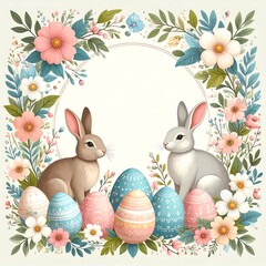 Easter Bunny Illustration with Eggs and Flowers.