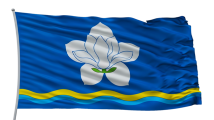 Flag waving proudly in the wind, a symbol of heritage and identity. The flag features a vibrant blue background with an elegant floral emblem in the center.