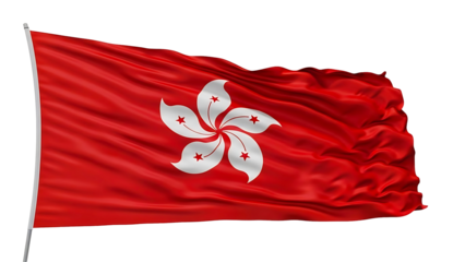 The national flag of a city waving proudly in the wind. The flag is a vibrant red, adorned with a white Bauhinia flower