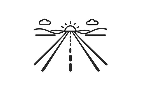 Line art icon of a road leading to the horizon with a sunrise and clouds