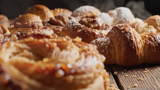 Golden Bakery Selection: A tantalizing assortment of fresh baked goods, artfully arranged on a rustic wooden surface, with wisps of steam gently rising, evoking warmth and comfort.