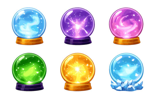Six magical crystal balls with glowing cosmic effects