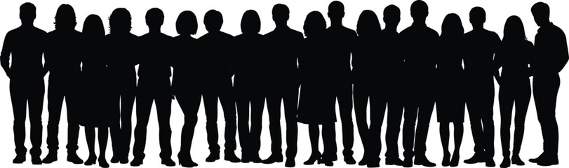 Silhouette group of diverse people standing together in line, teamwork unity and community concept vector illustration on white background.