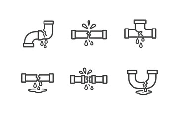 Set of icons depicting leaking and broken pipes