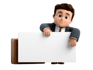 Animated character in suit holding blank signboard