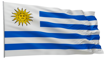 The waving flag of Uruguay with its distinctive sun and stripes 