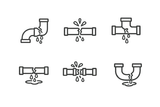 Set of icons depicting leaking and broken pipes