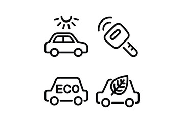 Eco friendly and electric vehicle icons including car keys and sun ecofriendly