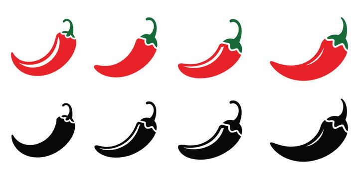 chili pepper icon set vector silhouette on white background, a high ranked graphic illustration set showcasing spicy cuisine symbols, modern design aesthetics, and professional commercial usability.