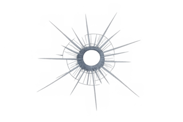 Bullet hole in glass with radial cracks and clear impact shatter on a transparent background for overlay effects