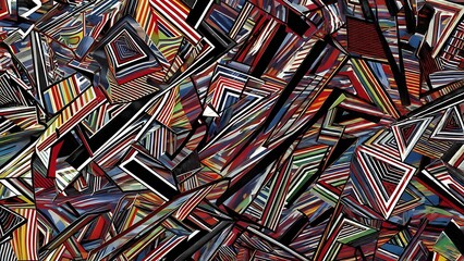 Abstract artwork of geometric shapes and lines arranged in chaotic, fragmented composition with a multitude of colors