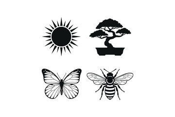 Black and white silhouettes of sun, bonsai tree, butterfly and bee sun