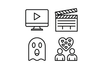 Four black line icons for video play movie clap ghost and social media love
