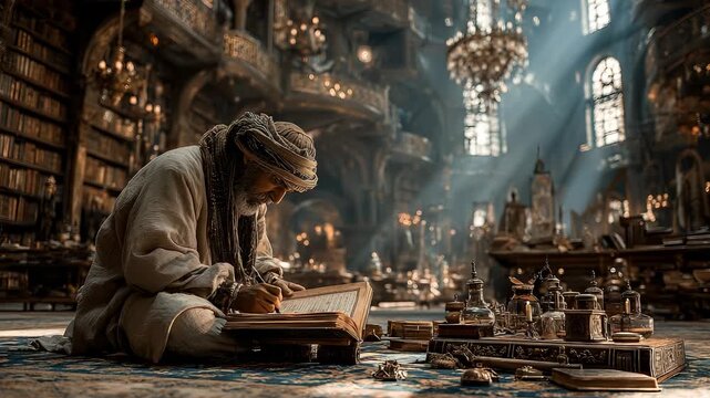Elderly Scholar Writing in Ancient Book Surrounded by Calligraphy Tools and Antique Vessels, Illustrating Wisdom and Tradition.