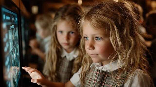 Young Schoolgirl Engaged with Interactive Display in Classroom Learning Environment, Technology Education