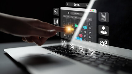 2026 calendar interface surrounded by AI, data, and business icons representing scheduling, planning, and productivity management Parse