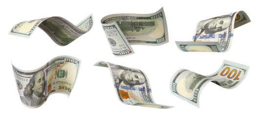 Set of flying hundred dollar banknotes, isolated on transparent cutout background