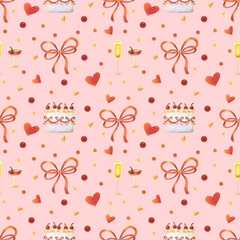 Valentine's Day seamless pattern by colored pencils. Romantic holiday. February 14. Love. Heart, sweet cake, bow, ribbon, cherry, glass of champagne, martini glass. Hand drawn illustration.