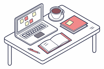 Isometric workspace illustration showing laptop notebook coffee cup and books arranged on desk for study work
