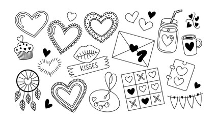 Love's Collection: A collection of various hand-drawn doodles expressing romantic love. Contains heart, cupcake, kisses and other element.