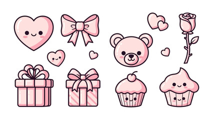 Joyful Collection of Cute Illustrations: A curated set of charming, hand-drawn illustrations featuring a heart, a bow, a teddy bear, a rose, gifts, and a cupcake.