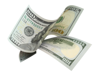 Two flying hundred dollar banknotes, isolated on transparent cutout background