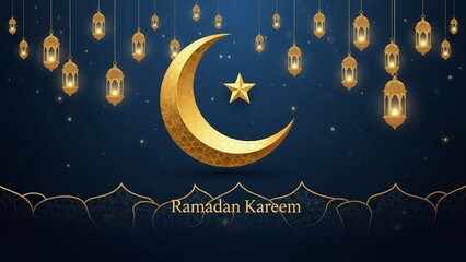 Golden crescent moon and star with hanging lanterns on a dark blue background celebrating Ramadan Kareem
