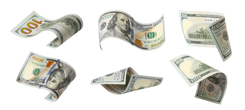 Set of flying hundred dollar banknotes, isolated on transparent cutout background